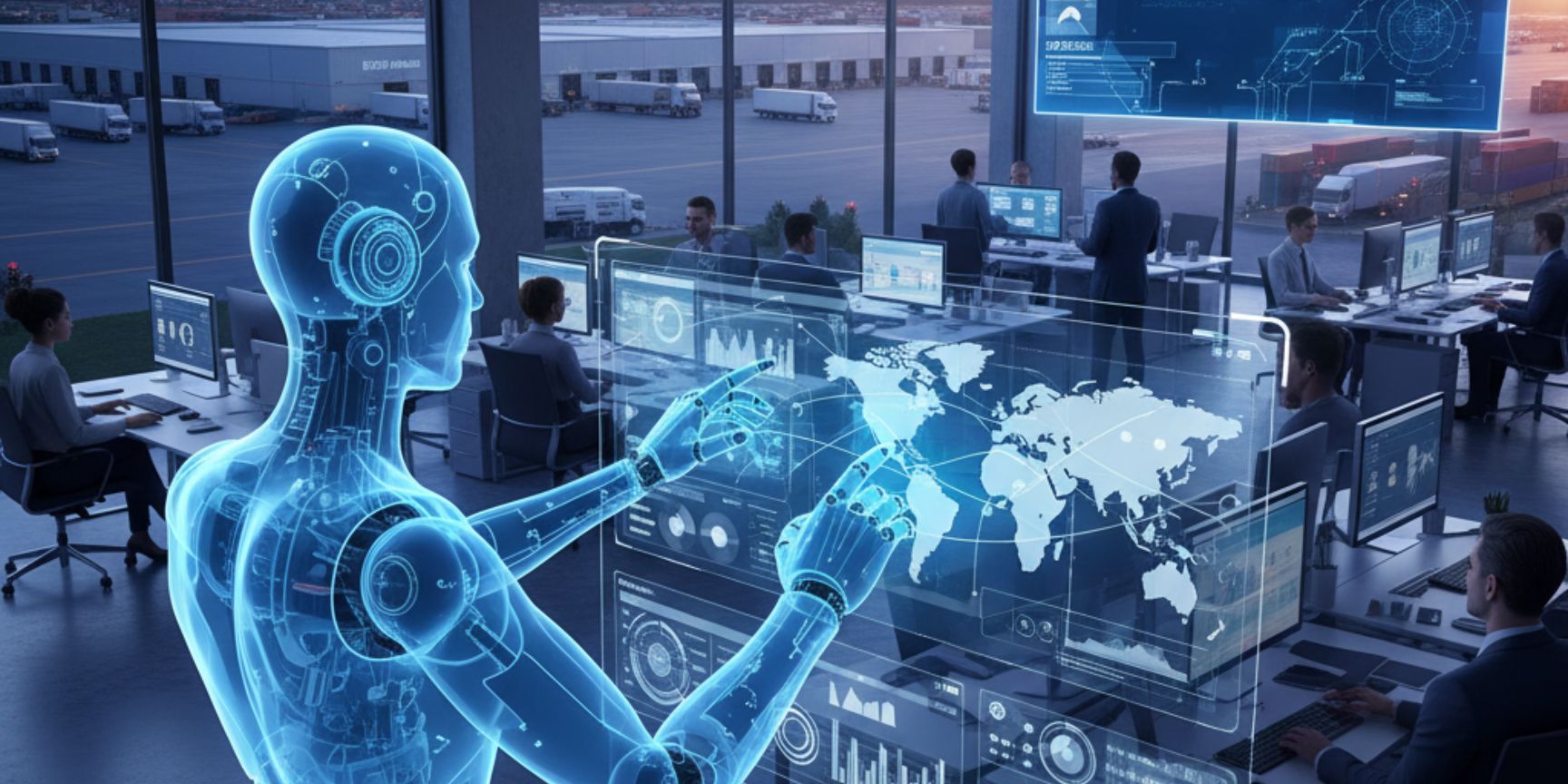 A luminous, transparent software robot (RPA bot) operates an interactive holographic interface with global logistics data and dashboards in a modern contract logistics office. In the background, human employees work at their computers with a view of an airport and a logistics center at sunset. A large screen shows 'CONTRACT LOGISTICS 4.0 THROUGH RPA'. The image illustrates the integration of RPA into global supply chain management and customer care